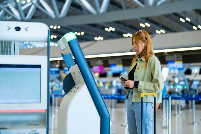 Reisende mit Rollkoffer schaut am Check-in-Automaten im Flughafenterminal auf ihr Handy